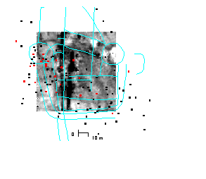 geophysics data displayed as a raster background and overlaid with an aerial photograph interpretation (blue line data), coins (red point data), and metal artefacts (black point data)