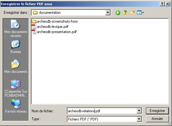 screenshot when launch printing relationships in PDF format by using the name of the database prefix