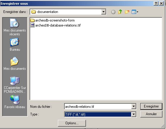 screenshot of computer window when selecting the registration of relationships in TIFF file format 