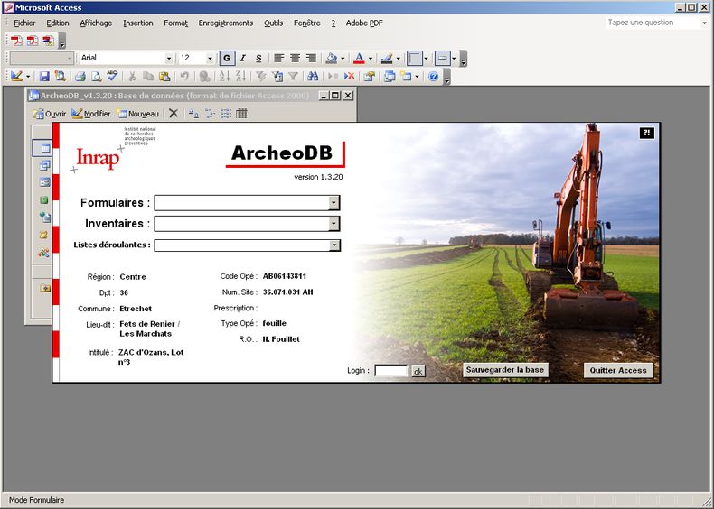 screenshot of the main screen form of the database ArchéoDB. 