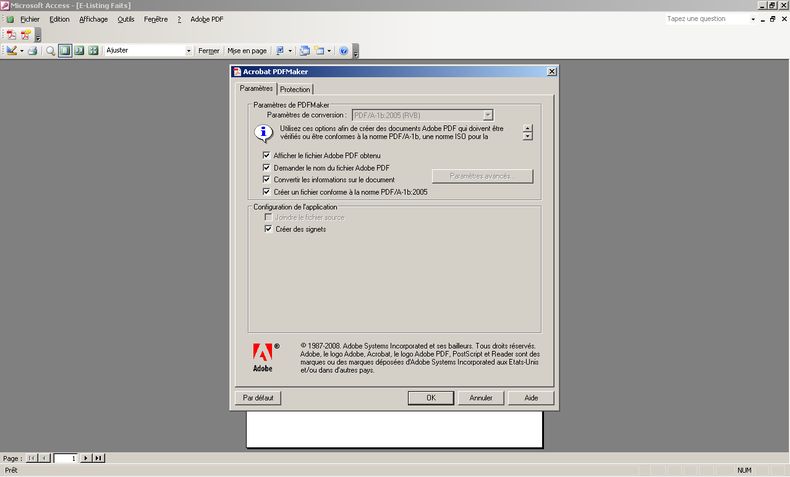 Setting options for converting to PDF