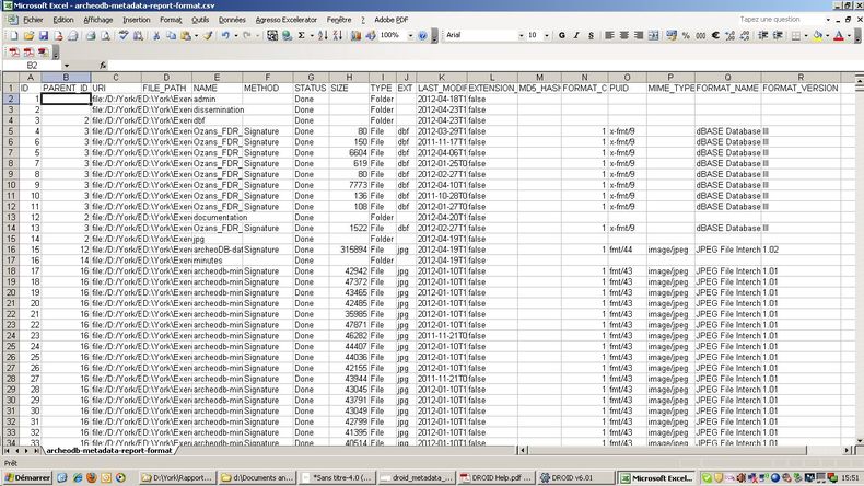 screenshot displaying the metadata in columns