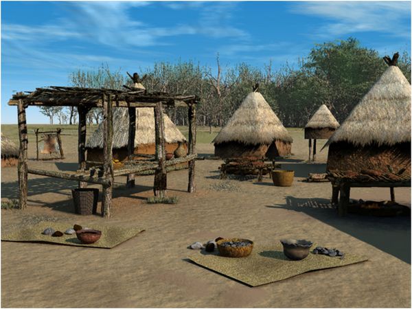 3D rendering of a Native American village scene showing a scanned vessel from the Hampson Collection