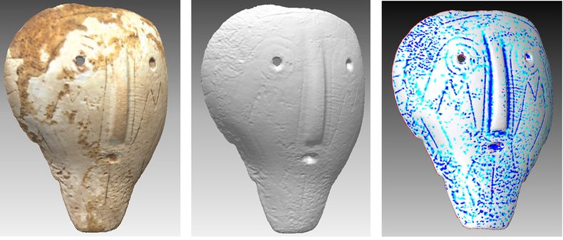 screenshot of (Left) Object shown in full color (Middle) Object shown with color data removed to accentuate surface features (Right) Object with curvature map used to accentuate features and areas of high curvature