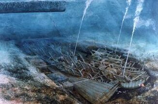 Artist impression of the sunken ship Mary Rose lying on sea bed
