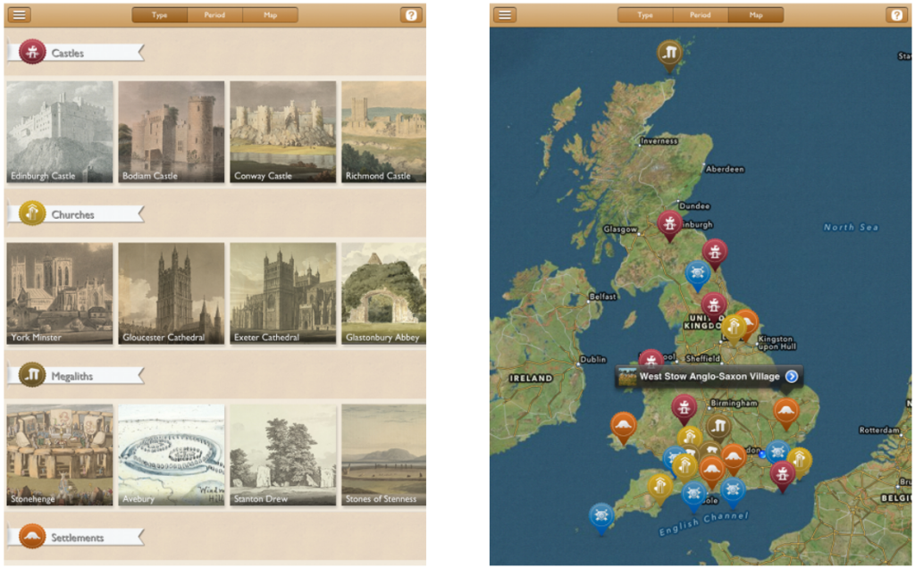 A depiction of the app in use. A list of different types of site appears on the left. A map appears on the right showing the location of sites.
