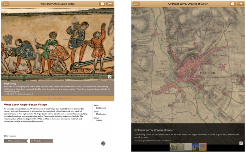 An image that depicts the use of the app. A description of the site at West Stow is shown on the left. A historic map of Exeter is shown on the right