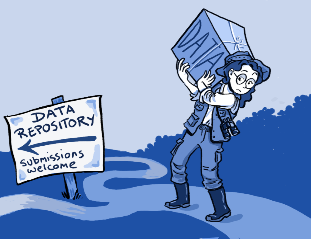 Cartoon image of a person carrying their data and deciding whether to head down a path labelled 'data repository'