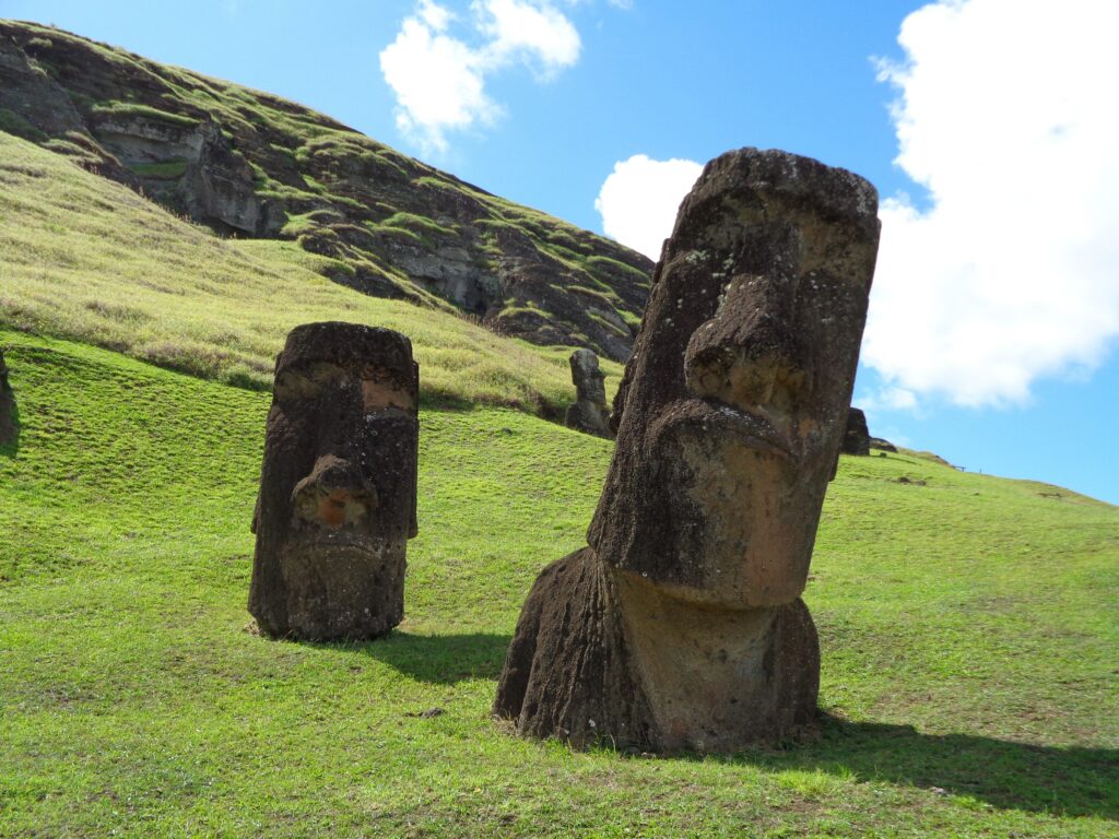 A picture of two Moai statues surrounded by green grass on Rapa Nui