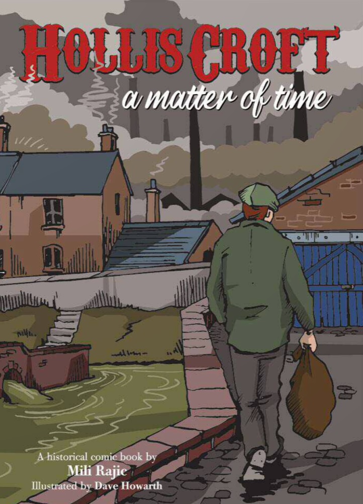 The cover of Hollis Croft A Matter of Time, An illustration of a figure walking though an industrial city