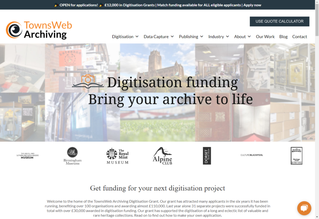 Home page for Towns Web Archiving website
