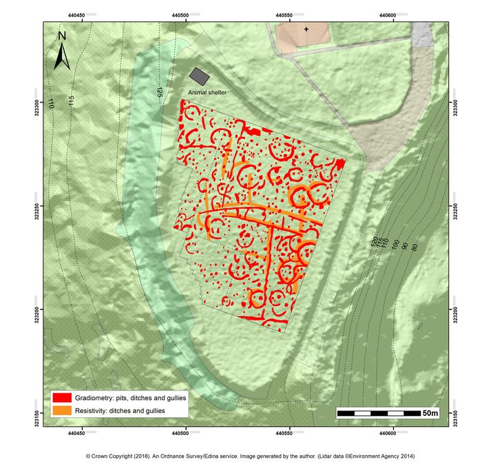 An interpretation plot of the geophysical survey for Breedon Hill