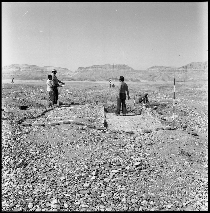 Black and white photograph showing excavation within the trench ZWE at Zawaydah (Naqada) (1979 season).