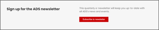 A screenshot of the ADS homepage showing the 'Subscribe to Newletter' button