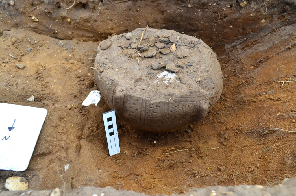 Photograph of an Anglo-Saxon cremation urn at Lackford, Suffolk