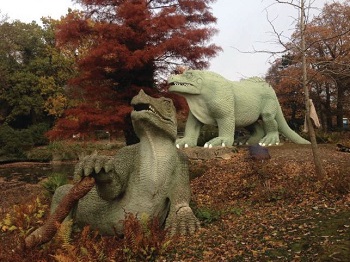 A picture of two dinosaur sculptures from Crystal Palace