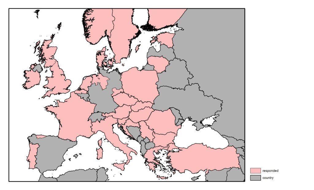 A map of countries that participated in a survey associated with this publication