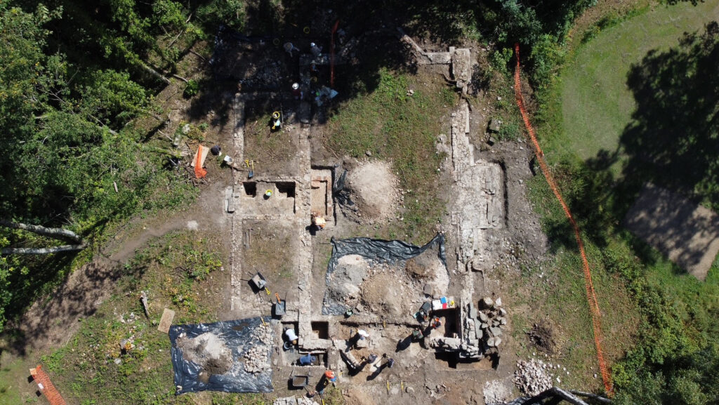 Drone shot of the Banqueting House at Hardwick Park during excavation