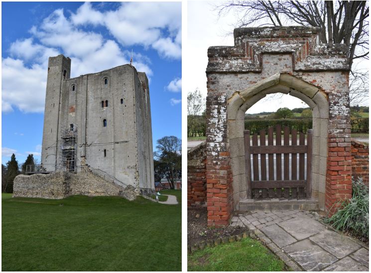 Left: Photograph of the eastern elevation of the Norman Keep at Hedingham Castle.Right:Photograph of south-east side of gateway at Gatehouse Farm, Thorrington