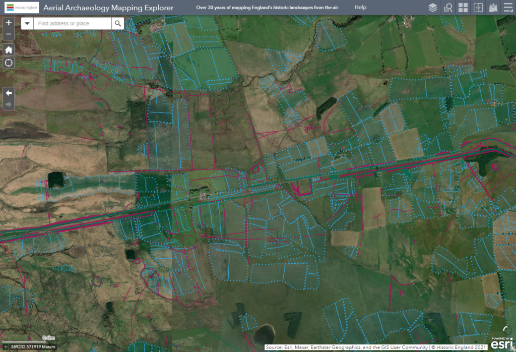 A screenshot of some of the Aerial Archaeology Mapping Explorer tool