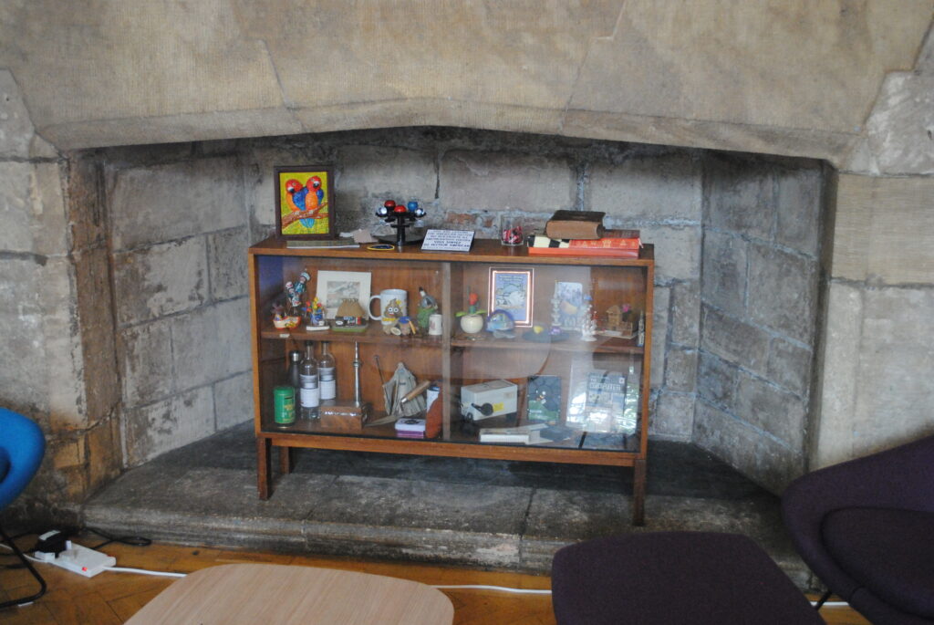 A picture of the ADS cabinet of curiosities in the medieval fireplace