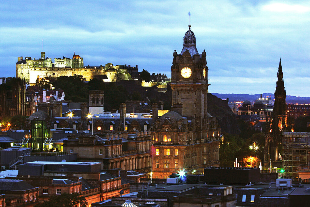 An overhead picture of Edinburgh at dusk