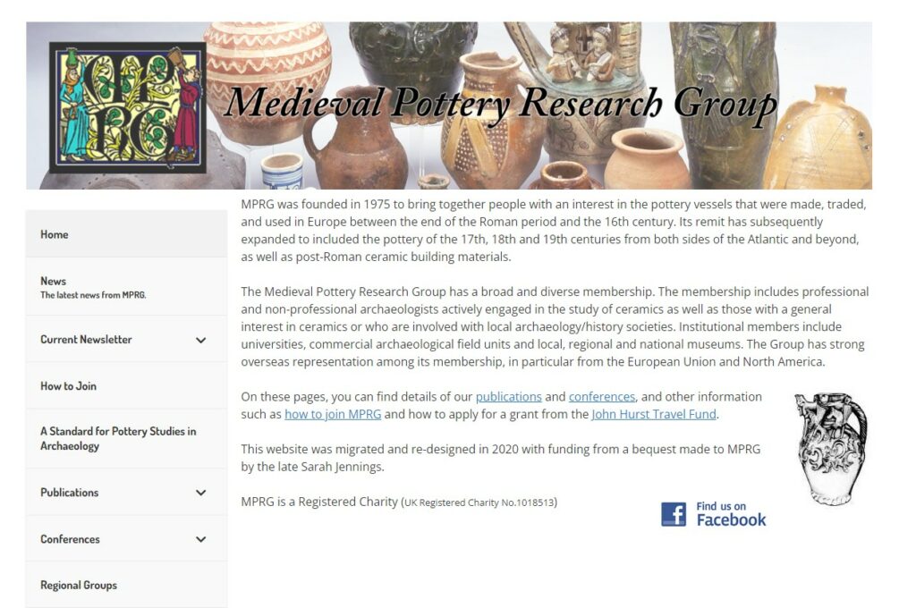 A screenshot of the Medieval Pottery Research Group website