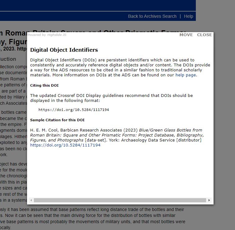 A screenshot of the DOI popup on the ADS archives page