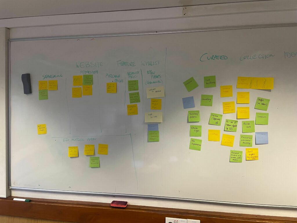 A picture of a whiteboard covered in post it notes that show brainstorming by ADS staff