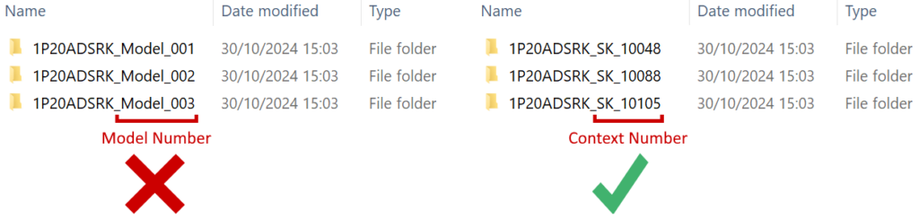 Screenshot of a Windows Explorer window showing examples of good and poor folder naming conventions for 3D models.