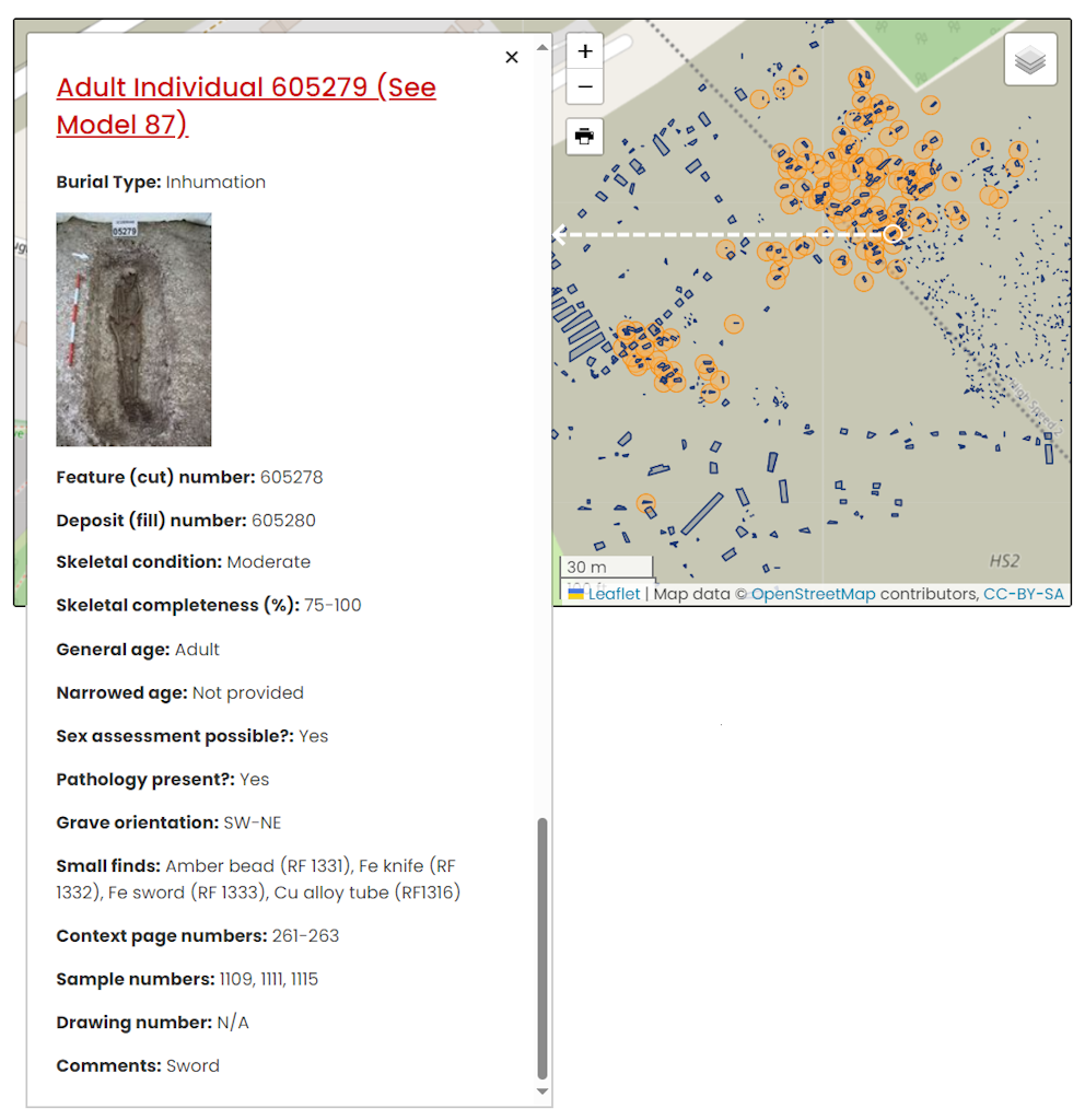 A screenhot of the ADS website. On the right, there is a map with one burial circled. On the left, there is an excavation photograph of that circled burial. Below this there is contextualised information about the individual (age, sex, small finds).