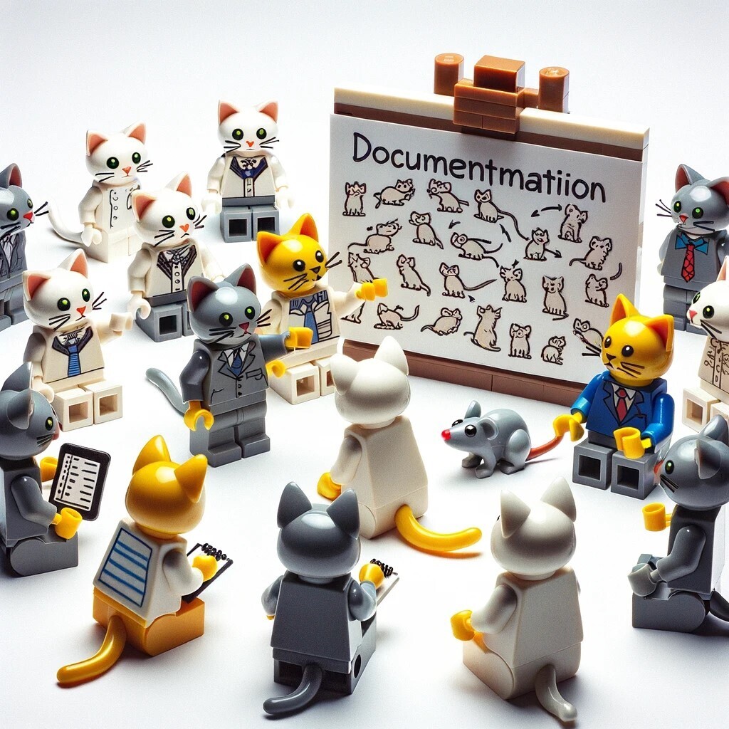 Image of lego cats having a meeting about documentation