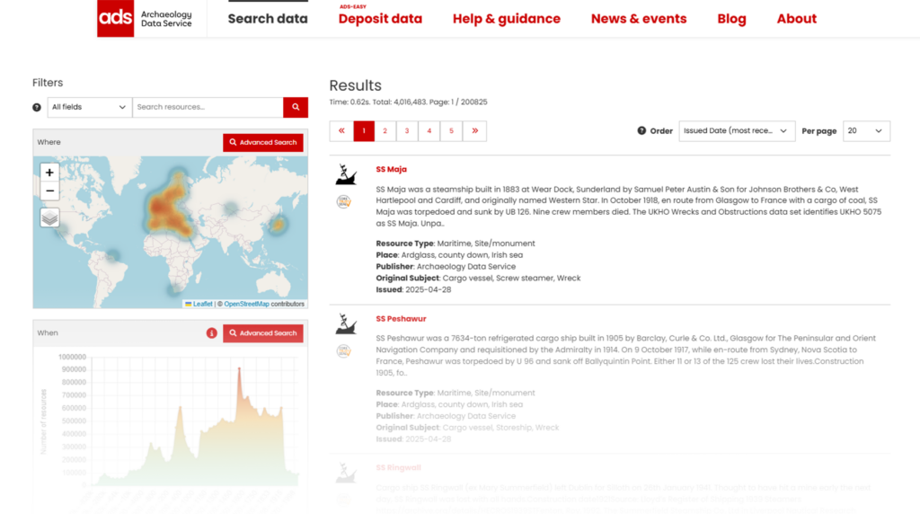 A screenshot of the results page of the ADS Data Catalogue