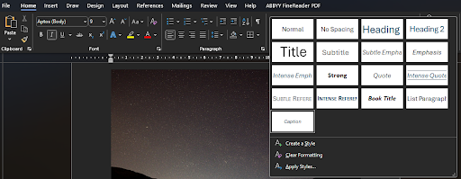 Screenshot of the styles tab in Microsoft 265