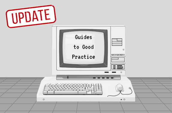 A computer with Guide to Good Practice written on it. A banner saying update appears at the top of the page.