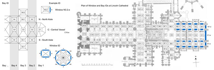 Thumbnail of Site plan and key for identifying windows at Lincoln Cathedral.