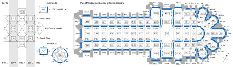 Thumbnail of Site plan and key for identifying windows at Reims Cathedral.