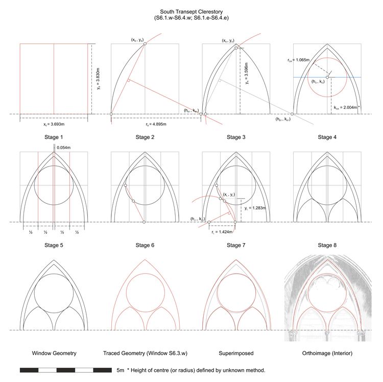 Thumbnail of Hypothesised step-by-step design process for window tracery in the south transept clerestory at Westminster Abbey in England (UK).