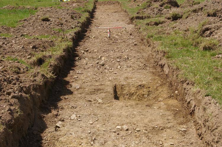 Thumbnail of A shot of Ditch [1303] and Ditch [1305] and Ditch [1307]; looking south-west (1m and 2m scales).