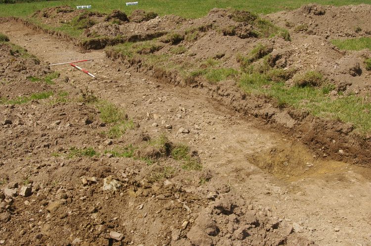 Thumbnail of A shot of Ditch [1303] and Ditch [1305] and Ditch [1307]; looking west (1m and 2m scales).