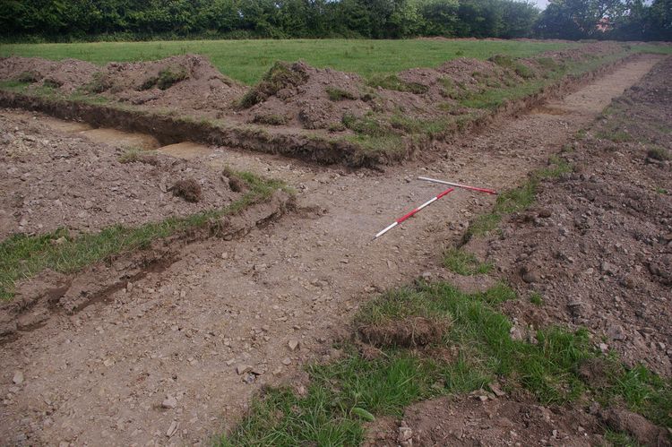 Thumbnail of A shot of Ditch [1307] and Gully [1311] and Ditch [1313]; looking north (1m and 2m scales).