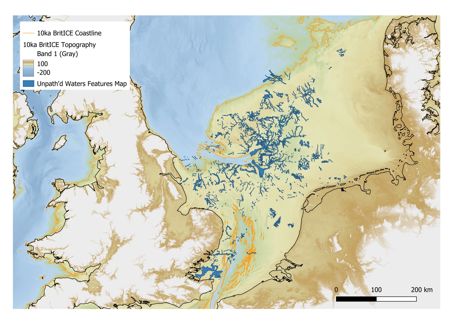Image showing Unpath’d Waters Palaeolandscapes Features mapped with open access BritICE Topography map for 10,000 years ago