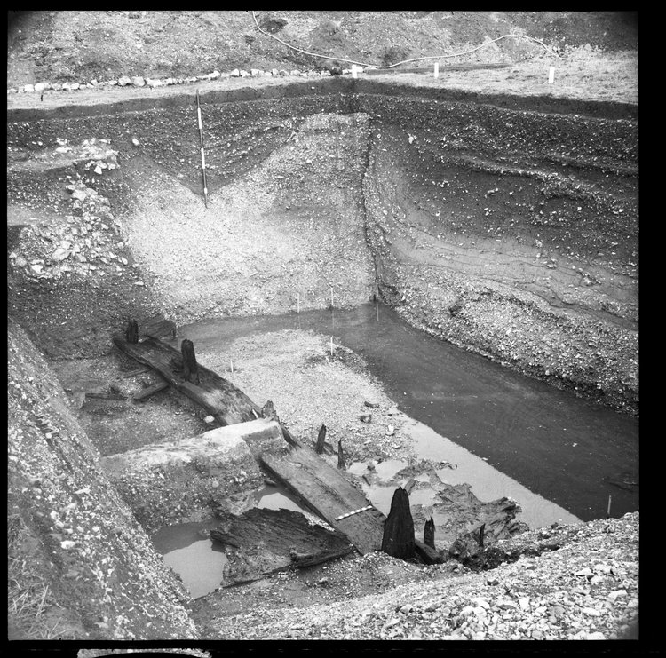Thumbnail of 26-1 View looking E of Beam A and E section of Great Ditch I with scale