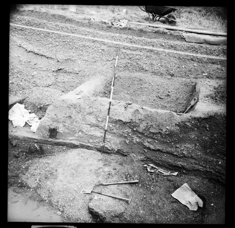 Thumbnail of 43-1 - View looking N of Great Ditch I N section with scale during excavation