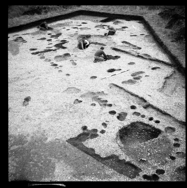 Thumbnail of 46-6 View looking S of IDY during excavation with archaeologists and scale