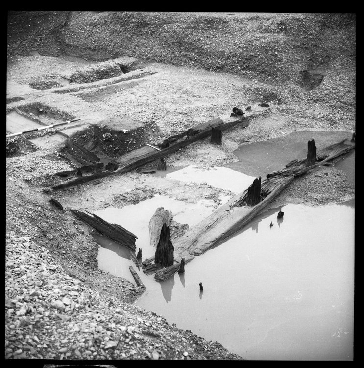 Thumbnail of 49-1 View looking NE of Beams A B and C in Great Ditch II middle section fully excavated with scale