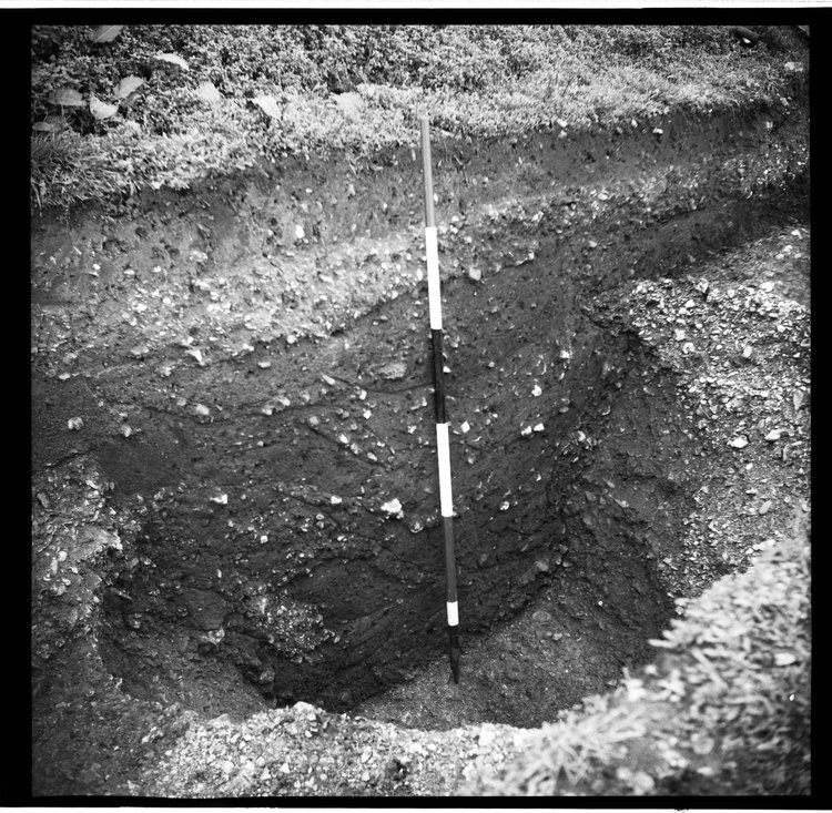 Thumbnail of 54-10 View of Pit i in Trial Trench OD 1 including section with scale