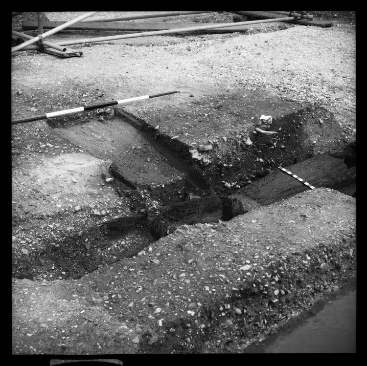 Thumbnail of 58-9 Close up looking NE of Beam B in Great Ditch II during excavation with scale