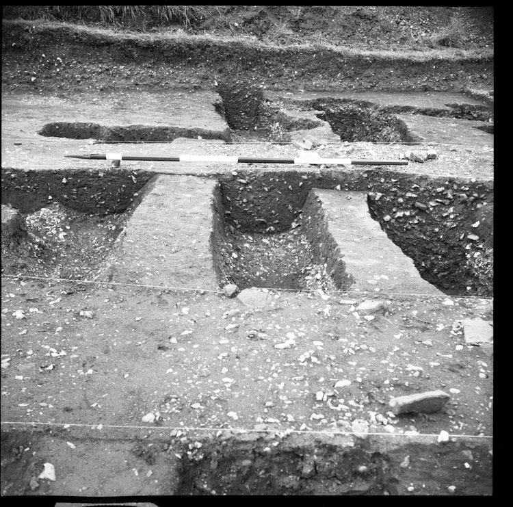 Thumbnail of 67-9 Close up looking N of section of foundation trenches in IDX with scale