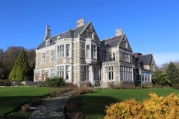 Historic Building Recording at Treloyhan Manor Hotel, St. Ives: General view of south and east elevations of Treloyhan Manor from garden paths
